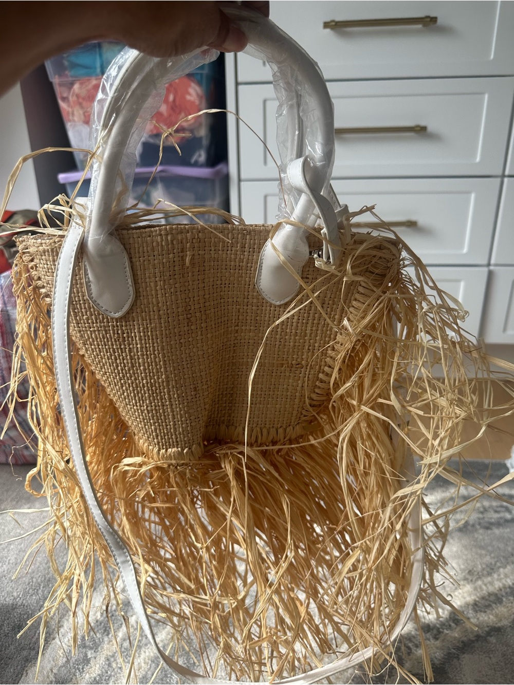 Natural Straw Mini Fringe Bag with White Trim - Women Mini Bag